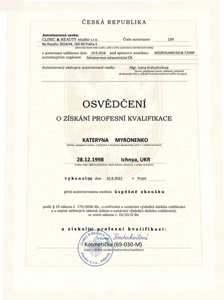 Osvědčení o profesní kvalifikaci: Kosmetička (69-030-M) — MZ ČR, 10. 8. 2022